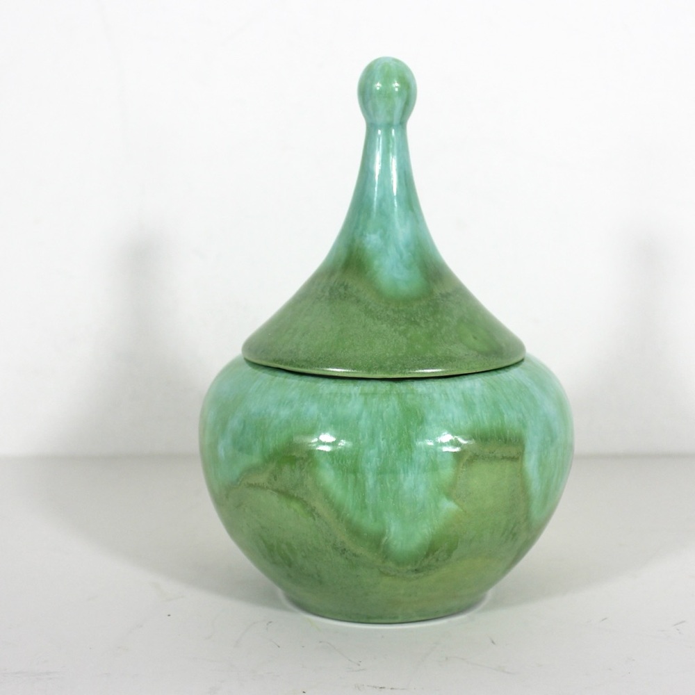 Mid Century Modern Ceramic Trinket Box Hand Made in Canada Aqua Blue Turquoise G